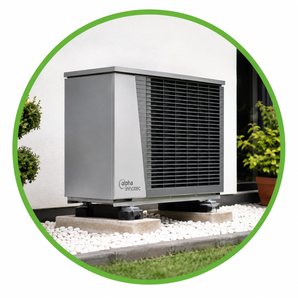 Air source heat pump installed outside a modern home for energy-efficient heating and hot water.
